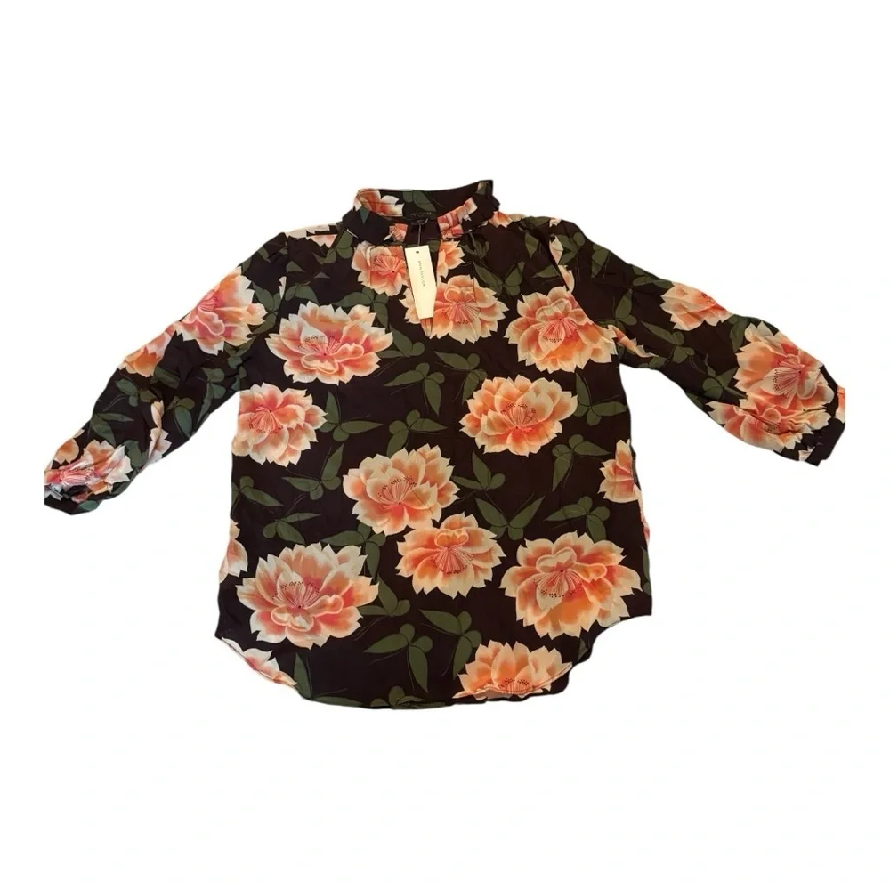 Ann Taylor Butterfly Floral 100% Silk Ruffle Split Neck Blouse Long Sleeve XS - Picture 2 of 13